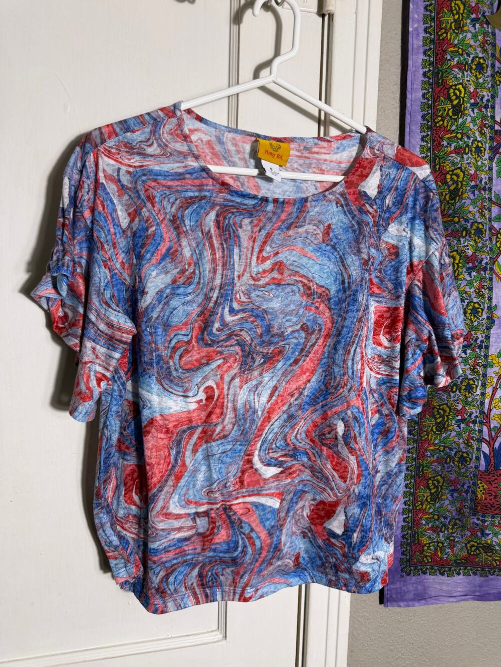 Ruby Rd Red Blue Swirl Marble Print Top Short Sleeve Stretch Y2K - Small